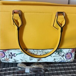 Yellow Structured Floral-Trim Tote with Gold Hardware